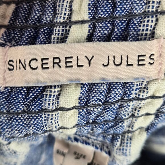 Sincerely Jules Sz S Blue White Striped Linen Blend Pants Elastic Smocked Waist - Picture 10 of 12
